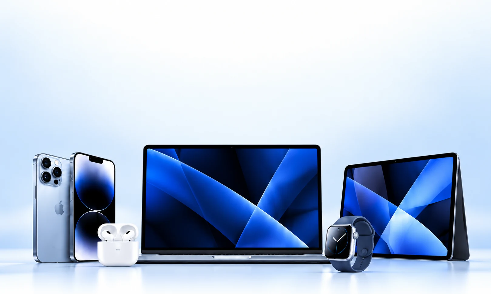 iPhone, MacBook, iPad, Apple Watch и AirPods на светло-голубом фоне
