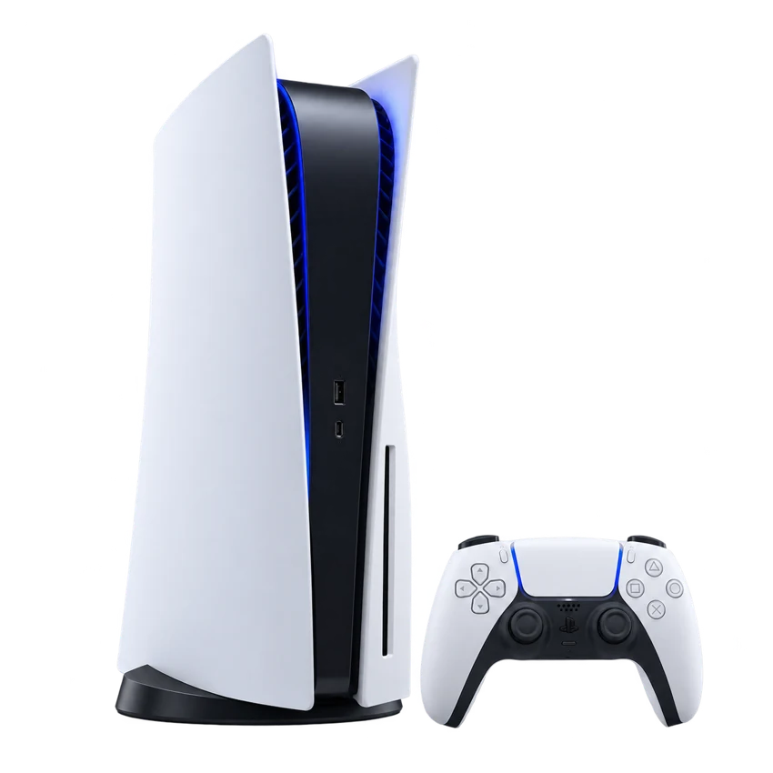 Иллюстрация Sony PlayStation 5 и контроллера, консоль целиком